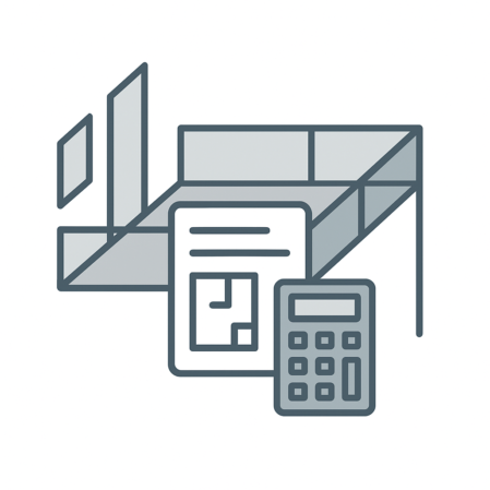 Illustration eines Balkons mit Bauplan und Taschenrechner – Symbol für Balkon Statik, Planung