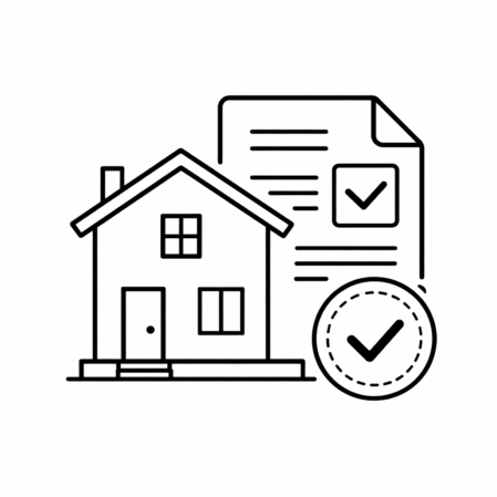 Icon einer Baugenehmigung mit Haus, Dokument und Genehmigungsstempel